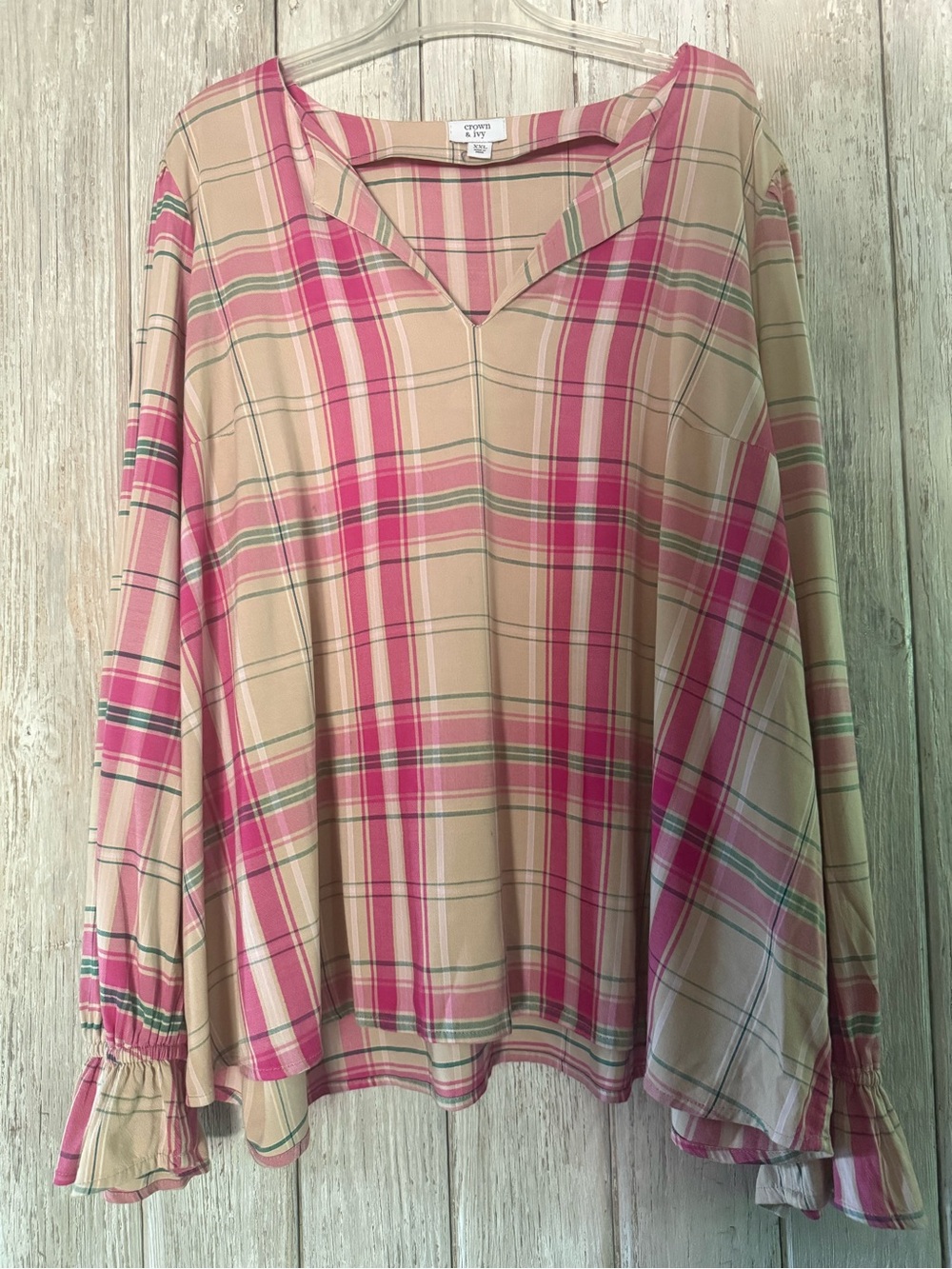 crown & ivy Pink and Beige Plaid V‑Neck Tunic